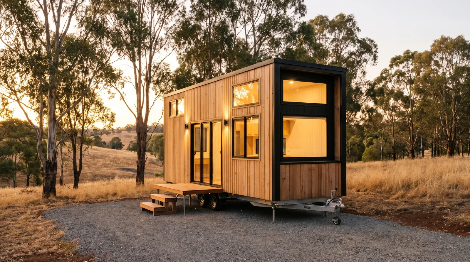 A timber-clad tiny home on wheels on a rural West Australian property